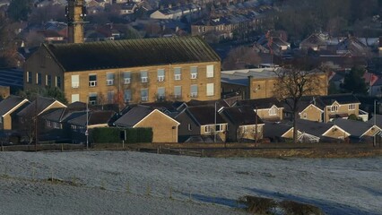 Establishing Aerial Drone Shot of Calverley Village on Frosty Winter Morning Leeds West Yorkshire UK