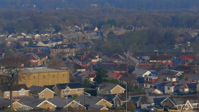 Establishing Aerial Drone Shot of Calverley Village Looking Across the Valley on Long Lens in Winter 7x