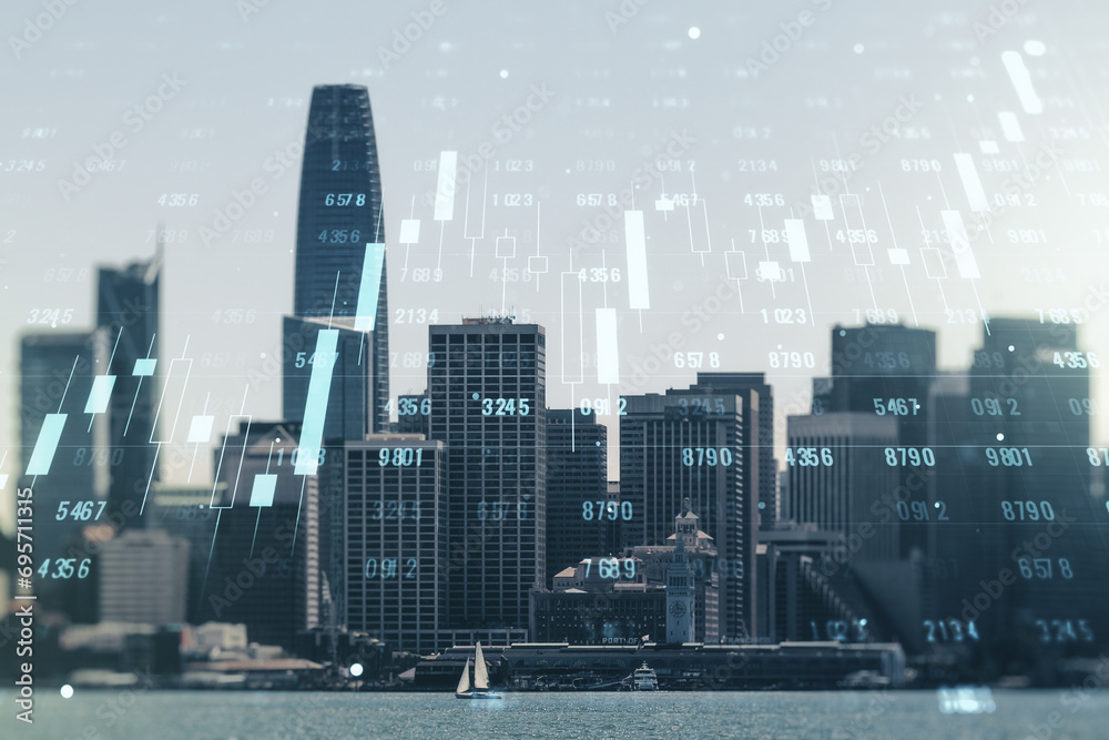 Poster Double exposure of abstract virtual statistics data hologram on San Francisco city skyscrapers background, statistics and analytics concept