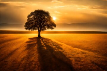 A solitary tree standing tall in a vast field, with the golden hues of the setting sun casting long shadows