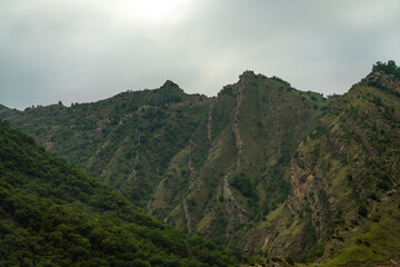 Caucasian mountain. Dagestan. Trees, rocks, mountains, view of the green mountains. Beautiful summer landscape.