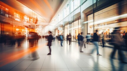 Abstract blurred photo of many people shopping inside department store or modern  shopping mall. Urban lifestyle and black Friday shopping, motion, speed, blurred, group, city, modern - obrazy, fototapety, plakaty