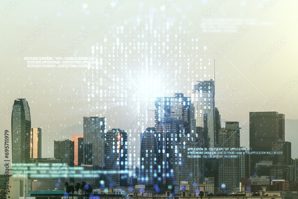 Poster abstract virtual code skull illustration on los angeles skyline background. hacking and phishing con