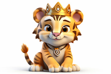 3D cartoon character of a Tiger wearing a cute crown
