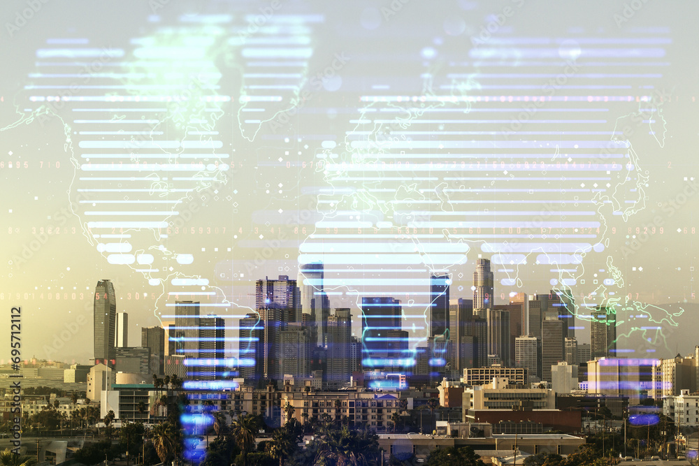 Poster multi exposure of abstract creative digital world map hologram on los angeles skyscrapers background