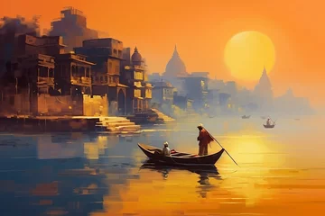 Foto op Aluminium Oil painting on canvas, Ancient Varanasi city architecture at sunrise with view of sadhu baba enjoying a boat ride on river Ganges. India © Ajit