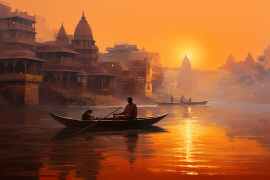 Oil painting on canvas, Ancient Varanasi city architecture at sunrise with view of sadhu baba enjoying a boat ride on river Ganges. India