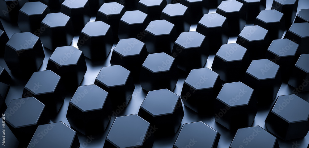 Poster background of abstract black 3d hexagon background design dark honeycomb grid pattern. abstract octa
