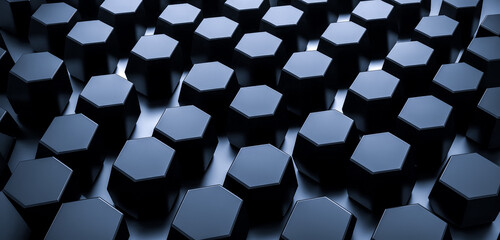 Fototapeta premium Background of abstract black 3d hexagon background design dark honeycomb grid pattern. Abstract octagons dark 3d background. Black geometric background for design.
