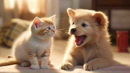 Cute puppy and kitten are sitting next to each other. Friendship between cat and dog - obrazy, fototapety, plakaty