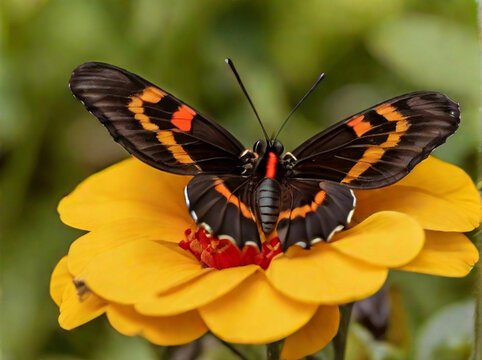 Brown and black butterfly perched on yellow and red petaled flower closeup photography