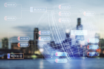Multi exposure of abstract creative coding sketch and world map on blurry skyline background, artificial intelligence and neural networks concept