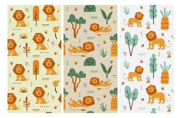 childish lion seamless pattern for fashion clothes, fabric, t shirts. hand drawn vector