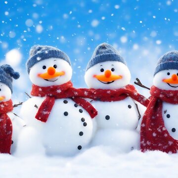 Winter holiday christmas background banner - Group of cute funny laughing snowman with wool hat and scarf, on snowy snow
By Corri Seizinger
Generated with AI