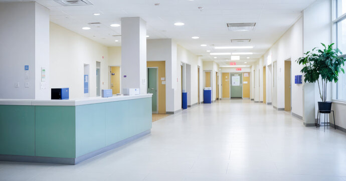 Hospital hallway, reception clinic background. luxury hospital corridor. Blur clinic interior background with defocused effect. Healthcare and medical concept