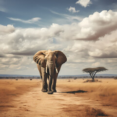 Fototapeta na wymiar Lone elephant walking across the vast African savannah
