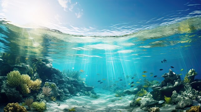 Split underwater view with sunny sky and serene sea