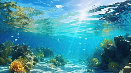 Naklejka na ściany i meble Split underwater view with sunny sky and serene sea