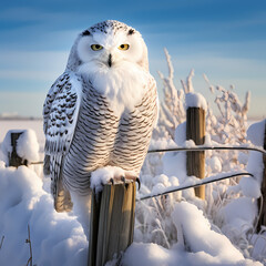 Majestic snowy owl perched on a snow-covered fence post.