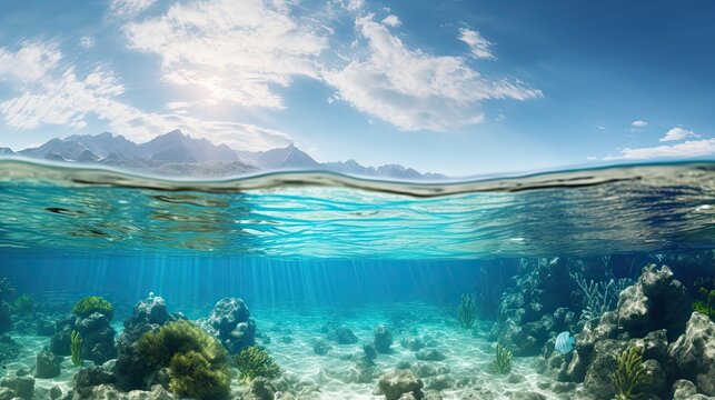 Split underwater view with sunny sky and serene sea
