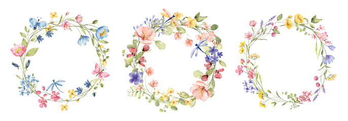 Wreaths, floral frames, watercolor wild flowers, Illustration hand painted. Isolated on white background. Perfectly for greeting card design. © Larisa