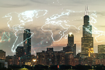 Abstract creative world map interface on Chicago skyline background, international trading concept. Multiexposure