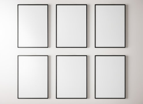 Set of 6 Blank white photo mockup frame template. Set of six Blank white photo frame on white wall. Poster mockup. Clean, modern, minimal frame. Empty frame