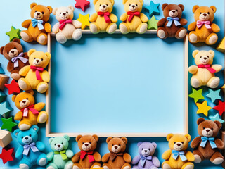 Fototapeta premium Baby kids toy frame background. Teddy bears, colorful wooden educational, sensory, sorting and stacking toys for children on light blue background. 