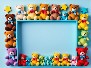 Baby kids toy frame background. Teddy bears, colorful wooden educational, sensory, sorting and stacking toys for children on light blue background. 