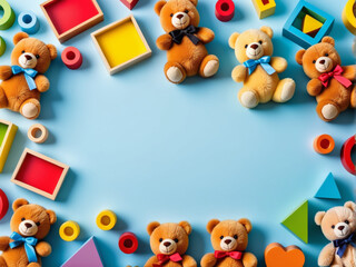 Obraz premium Baby kids toy frame background. Teddy bears, colorful wooden educational, sensory, sorting and stacking toys for children on light blue background. 