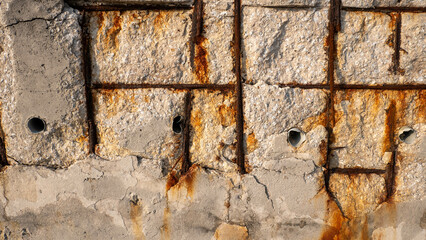 An old concrete wall with rust showing the structure inside.