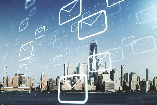 Abstract virtual postal envelopes hologram on New York cityscape background, email and notification concept. Multiexposure