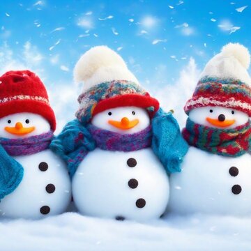 Winter holiday christmas background banner - Group of cute funny laughing snowman with wool hat and scarf, on snowy snow
By Corri Seizinger
Generated with AI