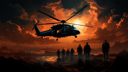 Silhouette of soldiers and helicopter in the sky. 3d rendering,Generative AI - obrazy, fototapety, plakaty
