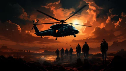 Poster Silhouette of soldiers and helicopter in the sky. 3d rendering,Generative AI © 은호 이