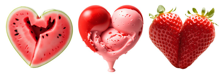 Watermelon, ice cream, strawberry in the shape of a heart. A set of PNG isolated image on a transparent background for Valentine's Day.
