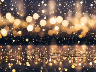 Obraz na płótnie Canvas Golden bokeh, raining light, blurry lights, blurry background, gold confettis on a black background