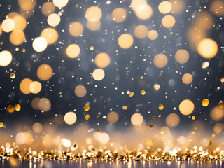 Fototapeta na wymiar Golden bokeh, raining light, blurry lights, blurry background, gold confettis on a black background