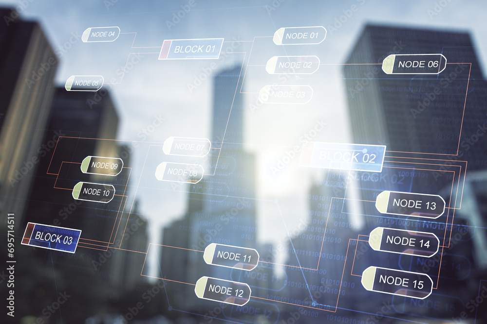 Poster multi exposure of abstract graphic coding sketch on modern architecture background, big data and net