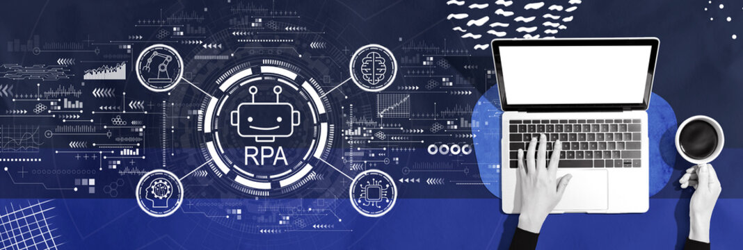 Robotic Process Automation RPA theme with person using a laptop computer