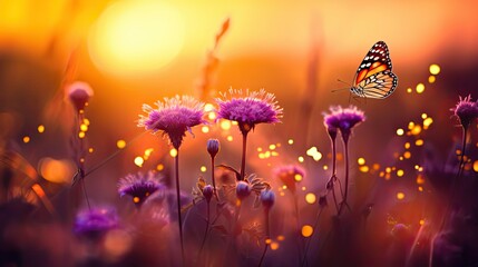 Summer Wildflowers and Fly Butterfly in a meadow at sunset