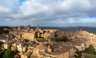 drone view of the Tuscan hilltop village and wine capital of Montepulciano