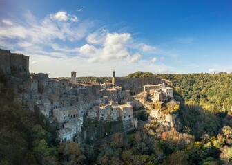 drone view of the fortified medieval village of Sorano in Tuscany