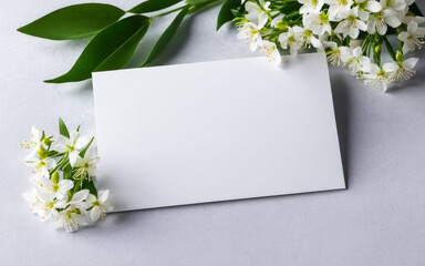 Wedding, birthday mockup paper card. Blank paper greeting card, invitation. Decorative floral composition. Closeup of white flowers and green leaves. copy space
