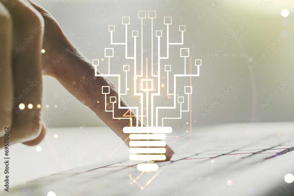 Aufkleber Creative light bulb with chip hologram and hands typing on computer keyboard on background, artificial Intelligence and neural networks concept. Multiexposure