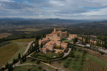 aerial view of the Poggio alle Mura Castle and Villa Banfi wine resort in Tuscany