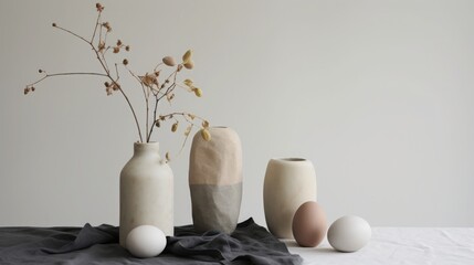 Lots of Easter eggs in soft pastel colors. Minimalist simple decor in Scandinavian style