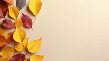 Autumn leaves on beige background, top view with copy space