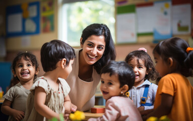 young indian teacher with little students - obrazy, fototapety, plakaty