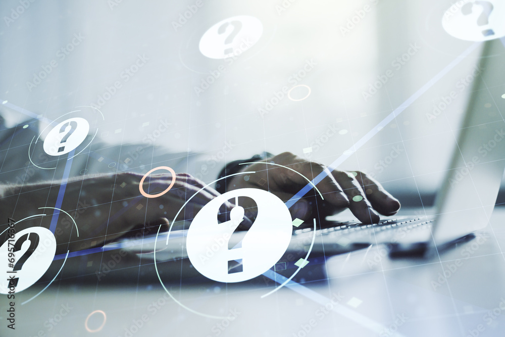 Aufkleber creative concept of question mark illustration and hands typing on laptop on background. faq and sea